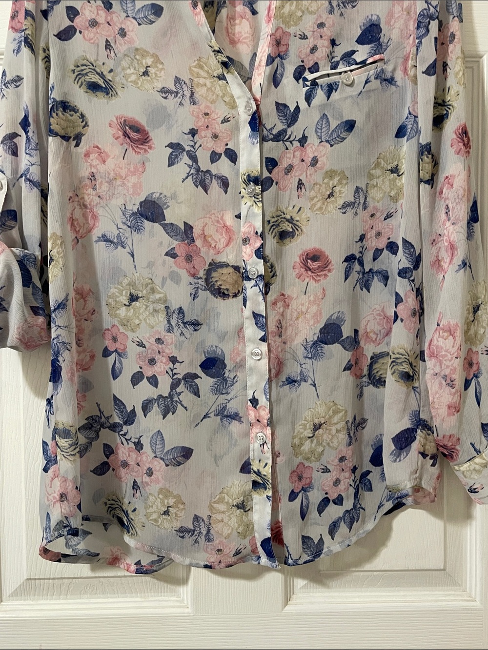 Sheer Floral Button-Up Blouse - White with Pink & Blue Floral Print - Picture 6 of 7